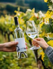 Winegrowers holding white wine bottle and glass in vineyard