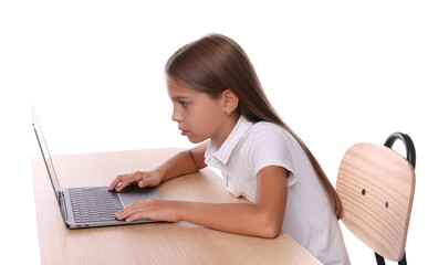 Wall Mural - Girl with incorrect posture using laptop at wooden desk on white background