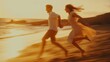 © axel - A young couple enjoys the warmth of the setting sun, laughing and running barefoot along the beach, their happiness radiating as they hold hands. Generative AI