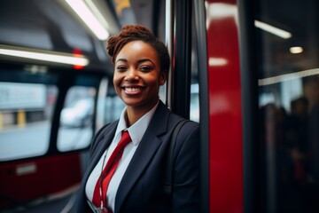 Portrait of a middle aged African American female bus driver during winter