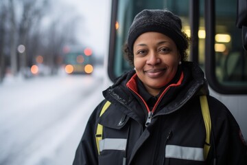 Portrait of a middle aged African American female bus driver during winter