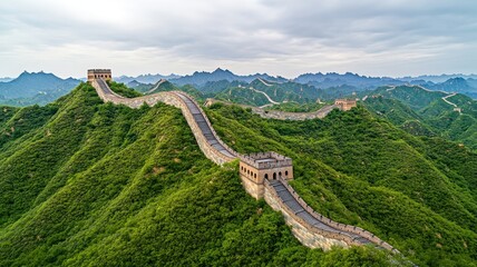 Aerial view of the Great Wall of China winding through lush green mountains under a cloudy sky.