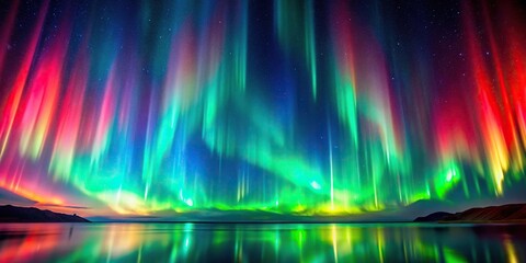 a stunning aurora borealis display with swirling curtains of green, blue, and red light, movement, c
