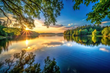 A serene lake at dusk with the sun's last rays peeking through trees, sunrise, calm, sunset