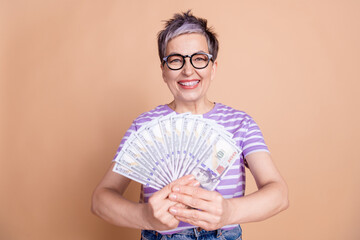 Sticker - Photo of cheerful rich senior woman wear striped stylish clothes hold money cash isolated on beige color background