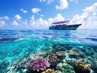 A vibrant underwater scene showcasing colorful corals beneath clear blue water, with a boat floating above in a sunny sky.