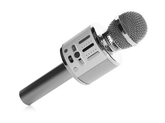 One silver karaoke microphone isolated on white