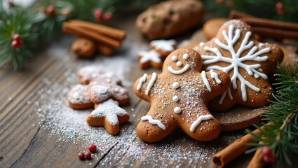 Festive gingerbread cookies on wooden table with cinnamon and pine