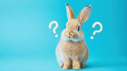 Curious confused rabbit with question marks appearing around its fluffy ears, isolated on a bright blue background, looking unsure about the situation in front of it.