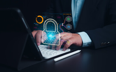 businessman showing key and network security represents protection against cyber attacks and online 