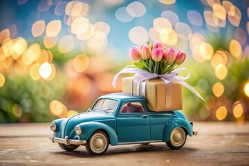 Blue Retro Car with Gift and Flowers on Light Background