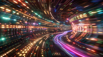 Technology abstract background. Tunnel with motion blur and light trails