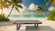 © DEER FLUFFY - Tropical Beach Paradise with Wooden Table.