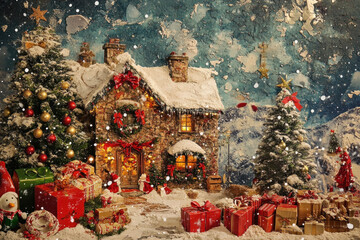 Wall Mural - Christmas decorations and presents displayed outside a festive house.