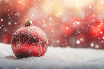 Poster - Red Christmas ball nestled in snow beside evergreen tree, creating festive holiday scene filled with winter magic.