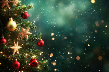 Wall Mural - Christmas tree adorned with red and gold ornaments, sparkling lights, and a star on top. Presents wrapped in colorful paper under the tree.