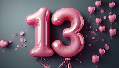 13 number made of pink balloon, copy space	