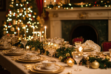 Table set for Christmas dinner, adorned with candles and festive decorations.