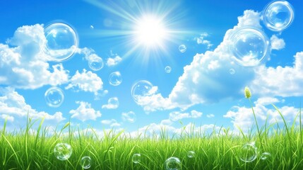 Wall Mural - beautiful summer background with a blue sky, white clouds, and soap bubbles.