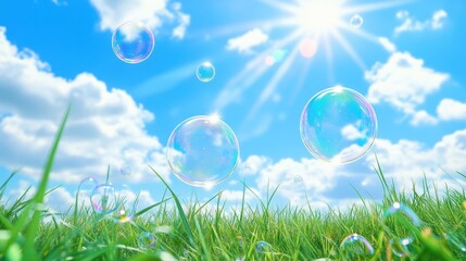 Wall Mural - beautiful summer background with a blue sky, white clouds, and soap bubbles.