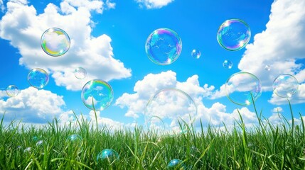 Wall Mural - beautiful summer background with a blue sky, white clouds, and soap bubbles.