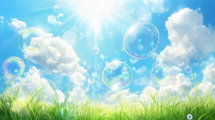 Wall Mural - beautiful summer background with a blue sky, white clouds, and soap bubbles.