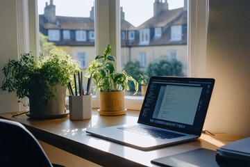 Laptop on wooden desk with notepad and pen. Sunlight illuminates the workspace, creating a cozy, focused atmosphere for work or study.