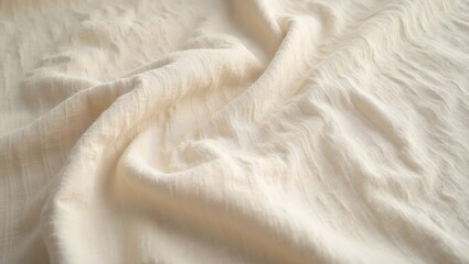 Close up of natural beige linen fabric with a textured breathable weave