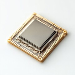 Close-up of a microchip on a white background showcasing intricate circuitry design