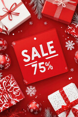 Poster - Red background with colorful presents scattered, creating a festive and cheerful atmosphere.75% sale