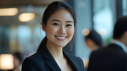 Wall Mural - Portrait of a Smiling Young Woman in a Black Blazer