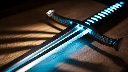 close up photo of sword with glowing blue light, showcasing its intricate design and sharp blade. illumination highlights craftsmanship and adds mystical aura to image