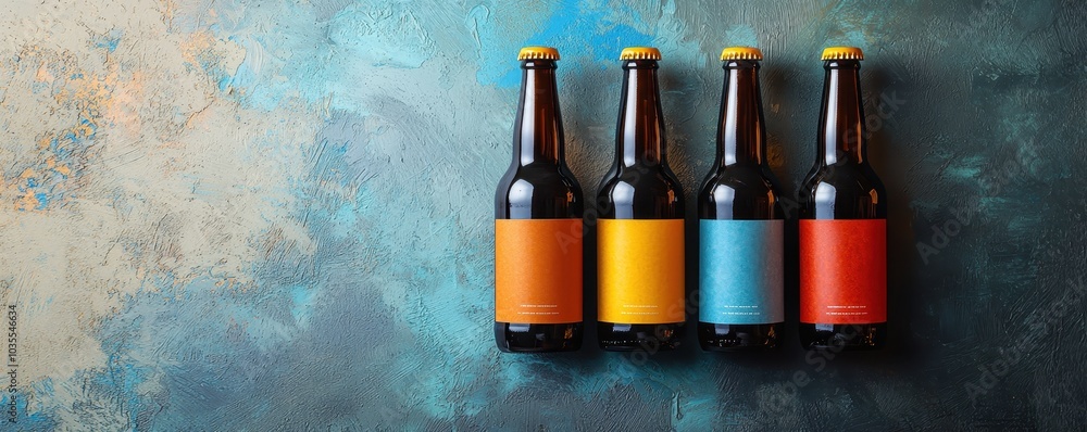 Four craft beer bottles with colorful labels on a textured background ...