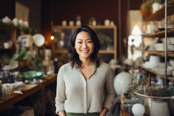 Portrait of a smiling Asian woman owner of second hand shop