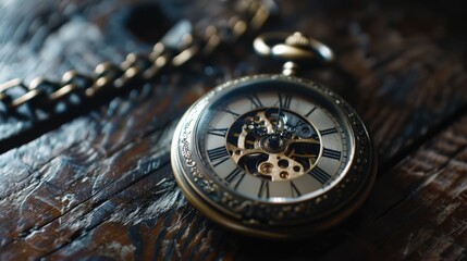 Vintage pocket watch on a dark wooden table with soft lighting