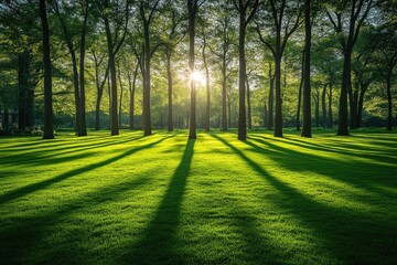 Wall Mural - Sunbeams Streaming Through Trees Onto Grassy Clearing