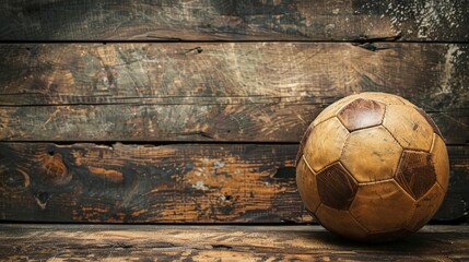 Vintage style photo of an old leather soccer ball on a rustic wooden background