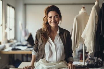 Portrait of a smiling female fashion designer in store