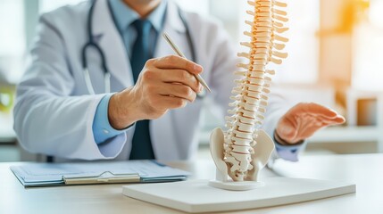 Medical professional demonstrating human spine model in clinic, focusing on health and anatomy.