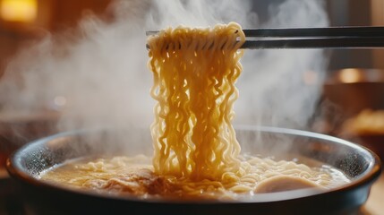 Steaming bowl of delicious ramen with chopsticks, showcasing the rich texture and flavor of traditional noodles.