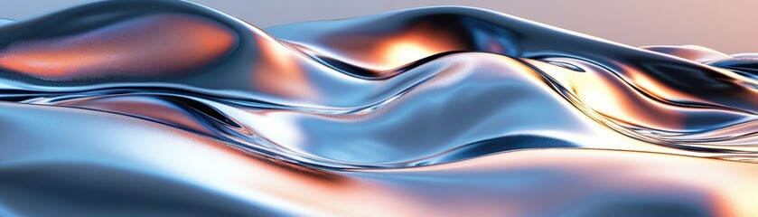 Abstract metallic waves with reflected light create a futuristic and serene landscape, blending smooth textures in a dynamic composition.