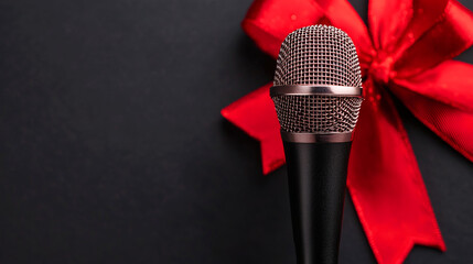 Microphone with Red Bow on Blurred Christmas Background