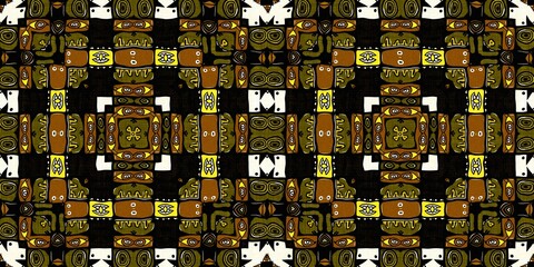 Wall Mural - Modern tribal shape mud cloth border effect seamless pattern. Stylized shape doodle in khaki brown color background design of printed patterned banner edge trim fabric repeat.