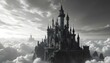 © Mood-Made - An adventurous sky castle with a pixelated design, featuring hidden pixelated secret passages, a vibrant pixelated moat surrounding it, and a tall pixelated wizard's tower, all floating.