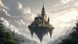 © Mood-Made - An adventurous sky castle with a pixelated design, featuring hidden pixelated secret passages, a vibrant pixelated moat surrounding it, and a tall pixelated wizard's tower, all floating.