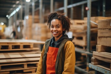 Wall Mural - Portrait of a joyful middle aged African American female warehouse worker