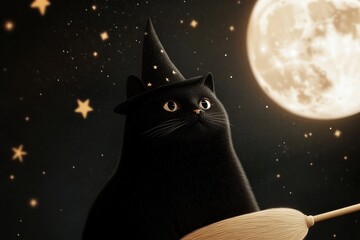 A black cat wearing a wizard hat sits under a starlit sky, with a full moon glowing brightly, creating a mystical and enchanting atmosphere.