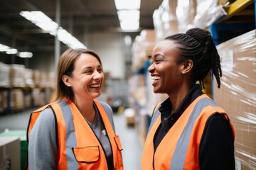 Wall Mural - Smiling portrait of a diverse group of female warehouse workers