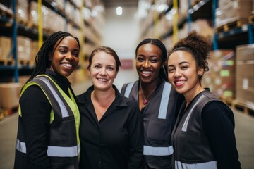 Wall Mural - Smiling portrait of a diverse group of female warehouse workers