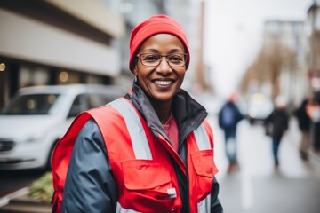 Wall Mural - Portrait of a smiling middle aged female delivery worker